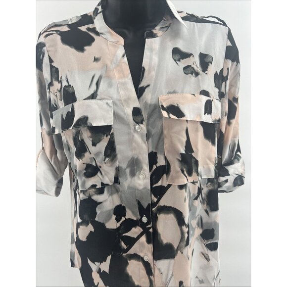 NEW Calvin CK Floral Crepe Chine Split V-Neck Roll-Tab Sleeve Blouse NWT XS CK - Picture 2 of 12